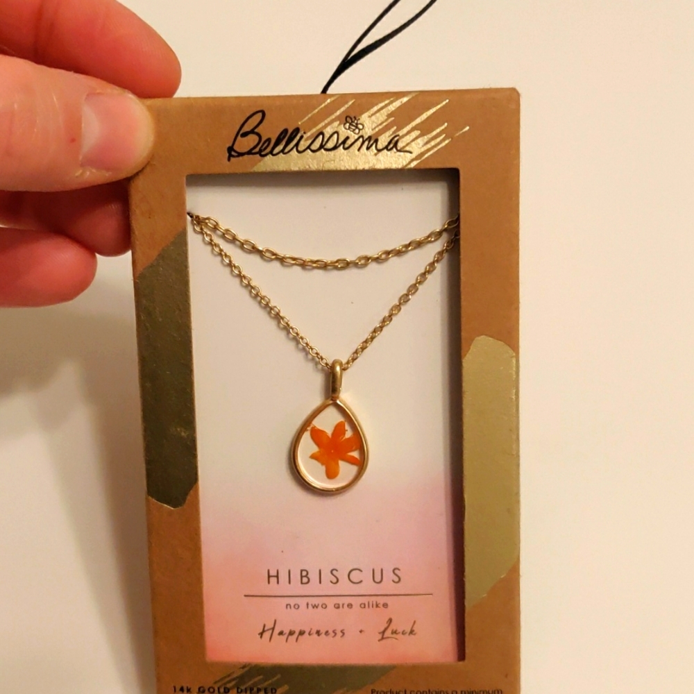 New! Bellissima Hibiscus real flower in a necklace, dipped in 14k gold Y2K Retro